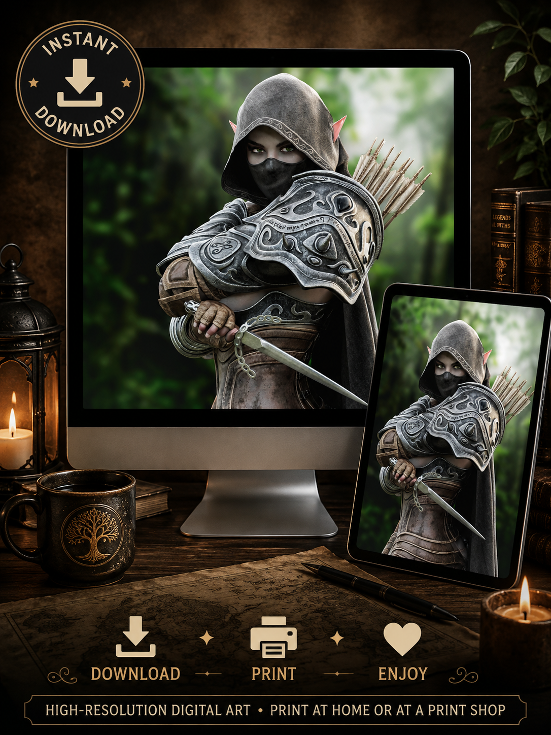 Dark elf assassin wall art featuring a hooded masked female elf rogue with dagger, arrows and ornate silver armor in a fantasy forest.