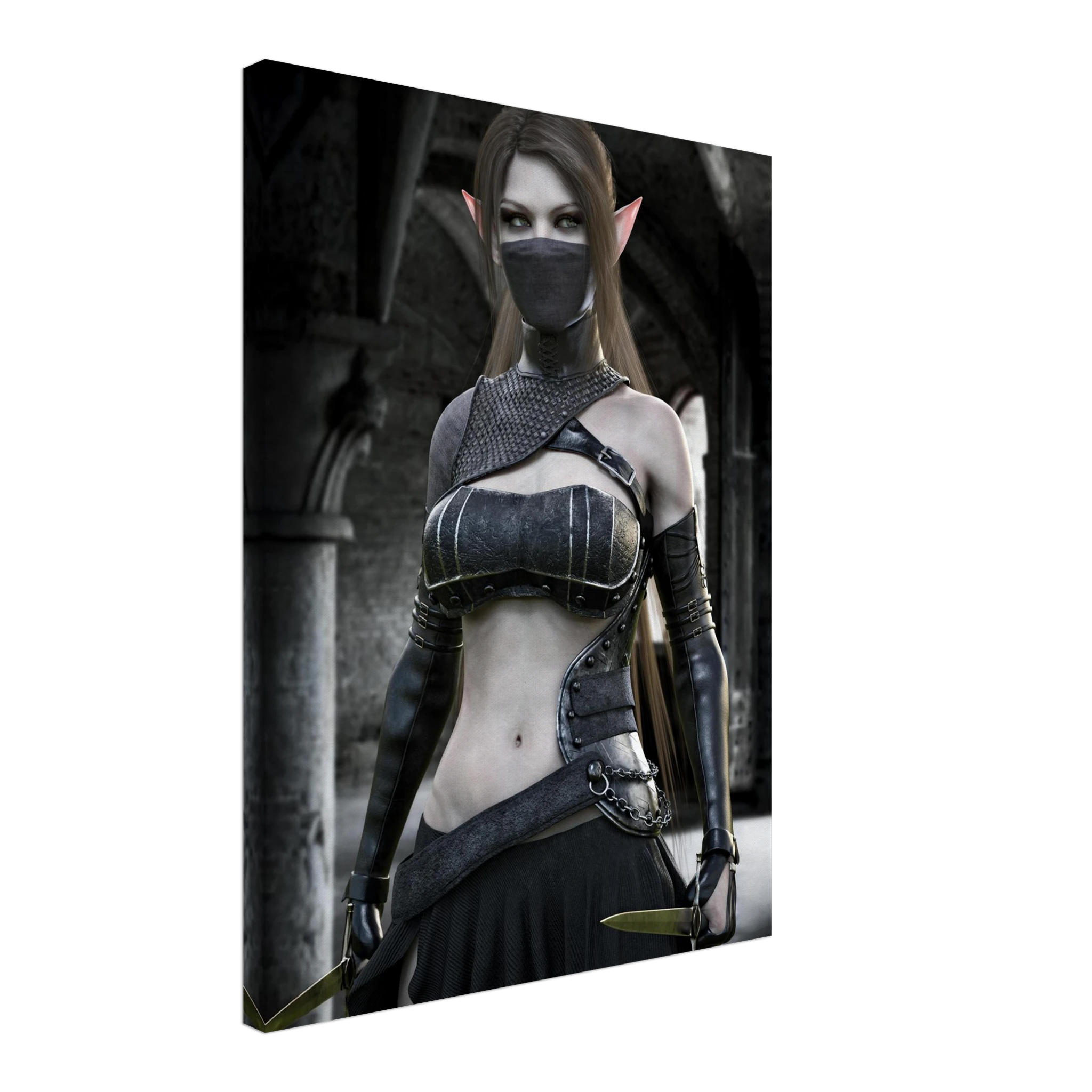 A vertical canvas wall art print featuring a fantasy female elf character in dark armor, shown at a slight angle against a plain white background.