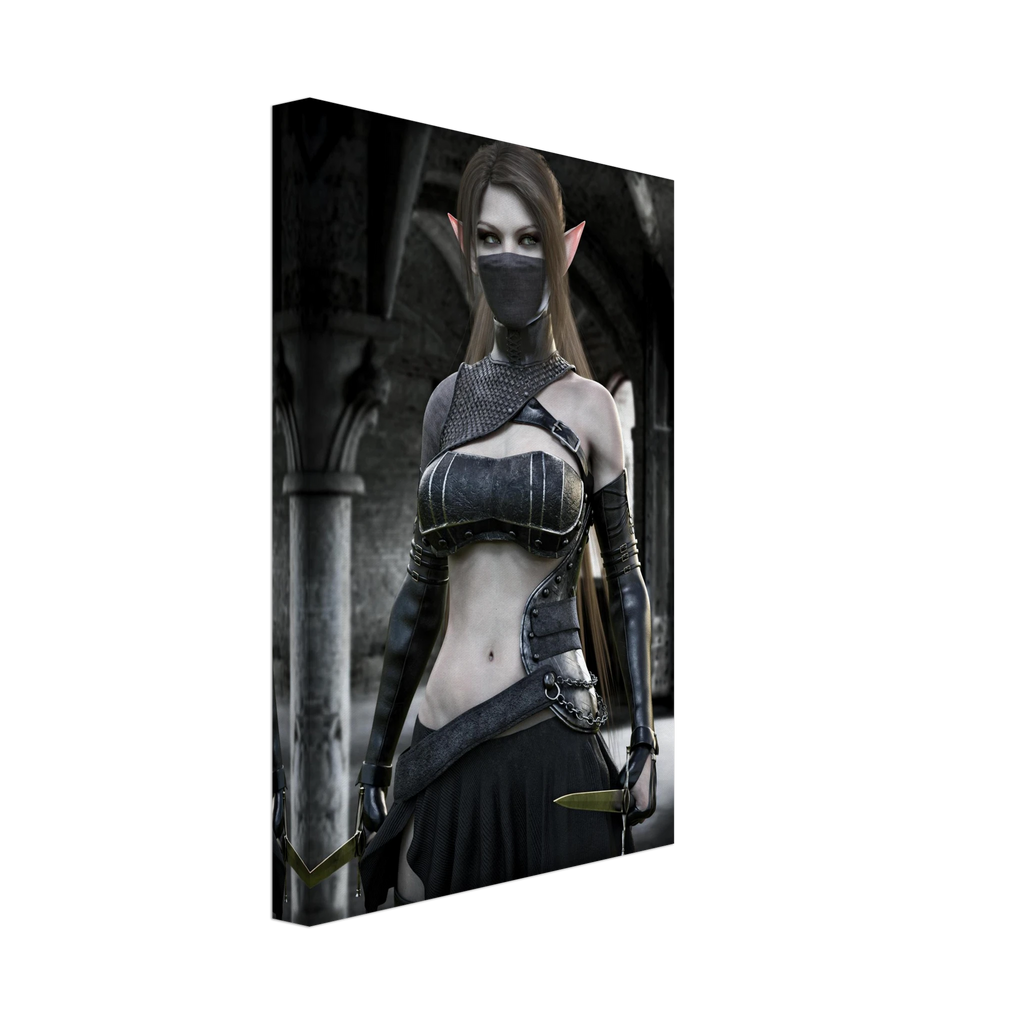 A vertical canvas wall art print featuring a fantasy female elf character in dark armor, shown at a slight angle against a plain white background.