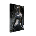 A vertical canvas wall art print featuring a fantasy female elf character in dark armor, shown at a slight angle against a plain white background.
