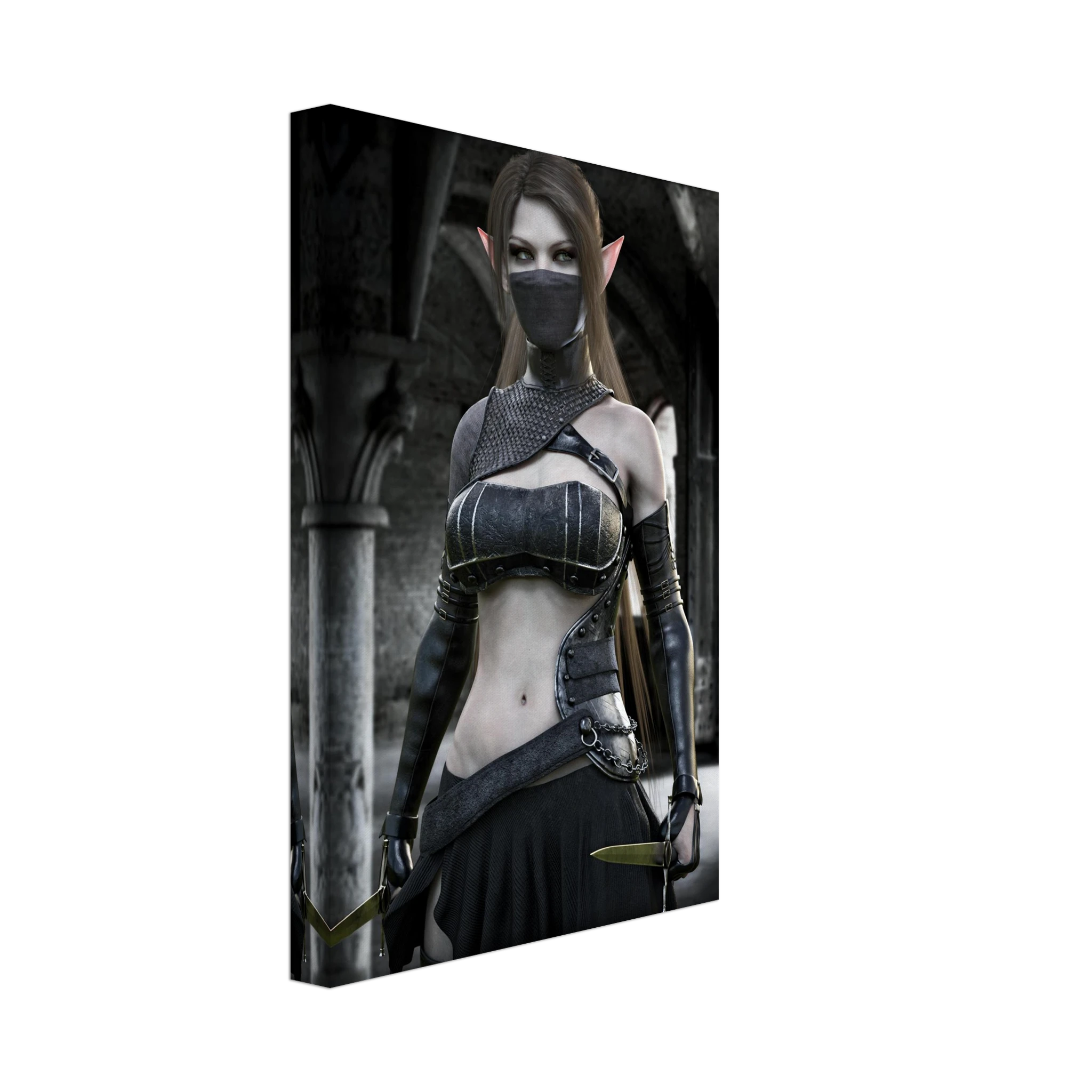 A vertical canvas wall art print featuring a fantasy female elf character in dark armor, shown at a slight angle against a plain white background.