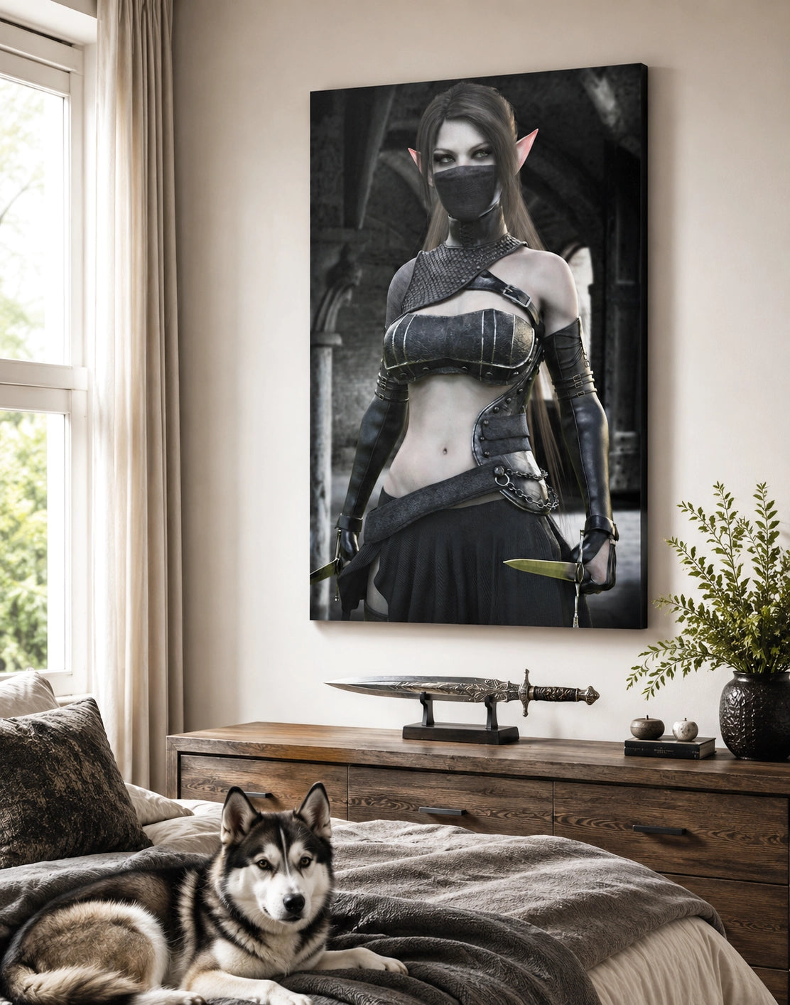 A large vertical wall art print showing a fantasy female elf character in black armor, displayed above a wooden dresser in a bedroom. A husky dog lies on the bed, and a plant and sword display are visible on the dresser.