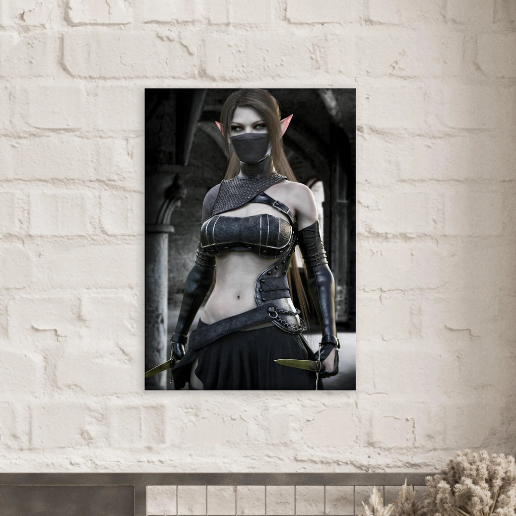 A vertical wall art print depicting a fantasy female elf character in dark armor, mounted on a white brick wall above a mantel with dried flowers.