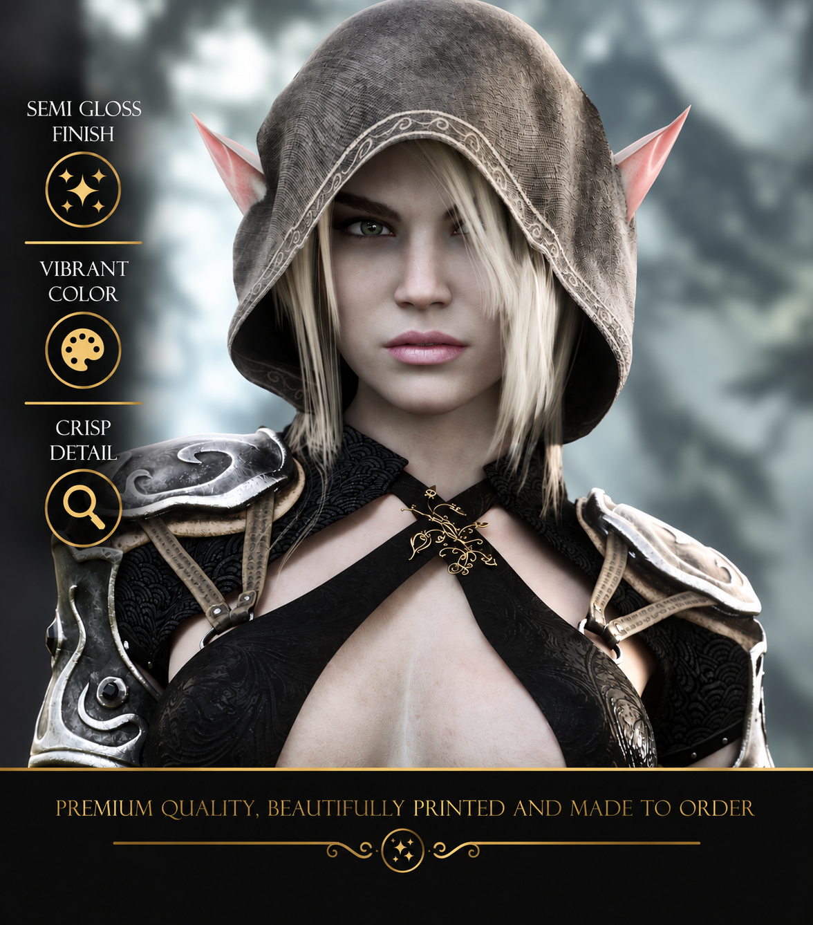 Close-up of hooded dark elf dual-wielding sword fighter fantasy wall art showing pale skin, platinum hair, green eyes and crisp semi-gloss poster print detail.