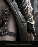 Close-up of dark elf dual-wielding sword fighter fantasy wall art showing ornate weapons, detailed black and silver armor and premium semi-gloss poster print quality.