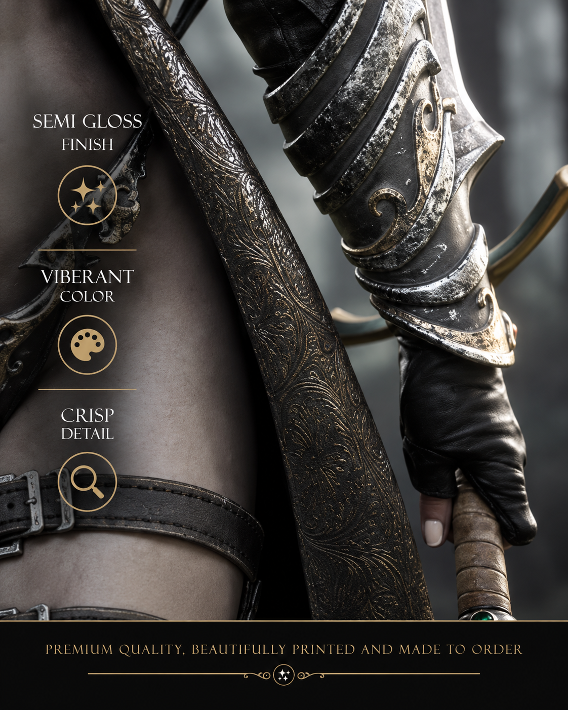 Close-up of dark elf dual-wielding sword fighter fantasy wall art showing ornate weapons, detailed black and silver armor and premium semi-gloss poster print quality.