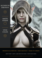Close-up of a hooded female dark elf warrior highlighting vibrant color and crisp detail on an aluminum metal print.