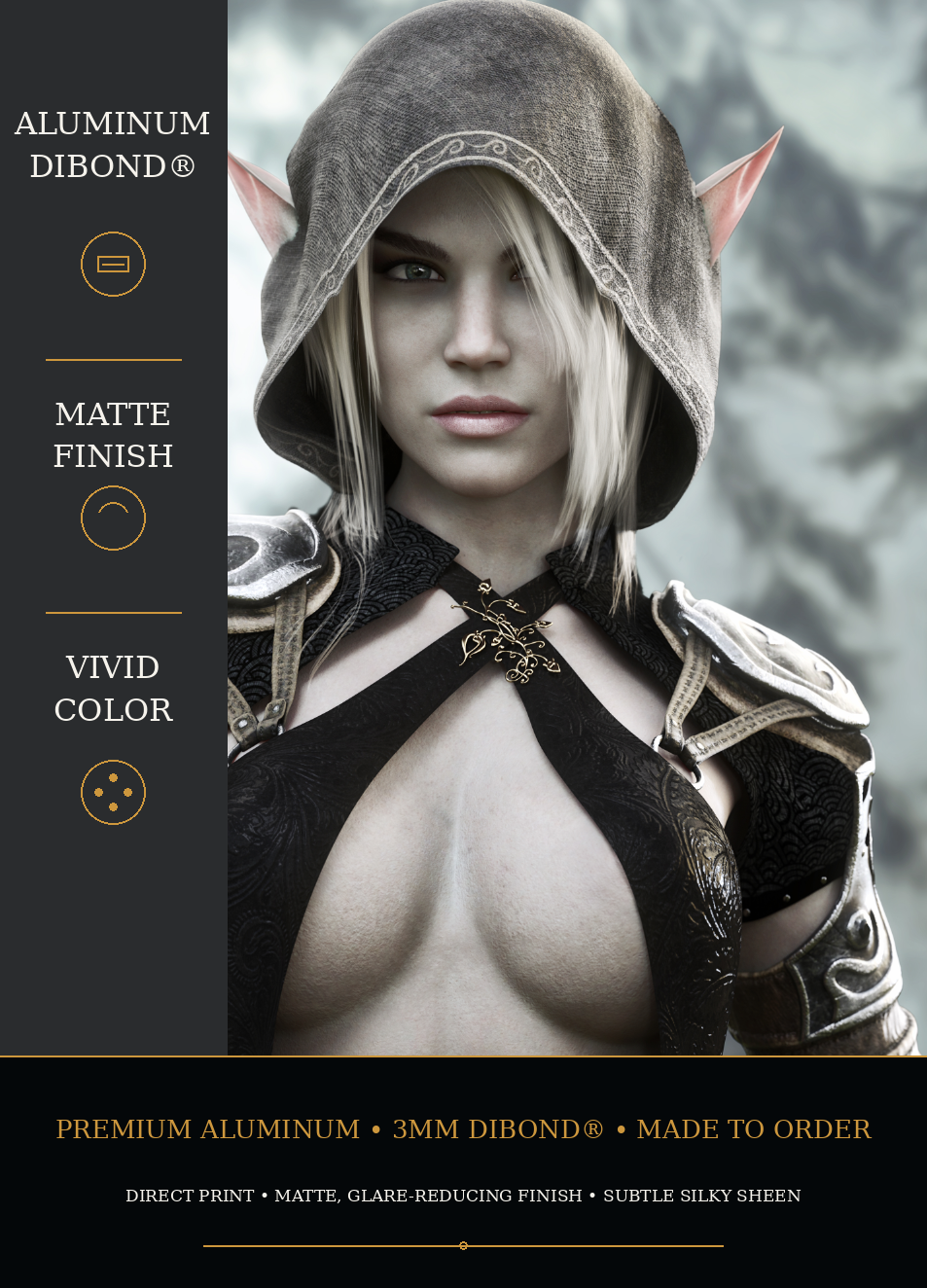 Close-up of a hooded female dark elf warrior highlighting vibrant color and crisp detail on an aluminum metal print.