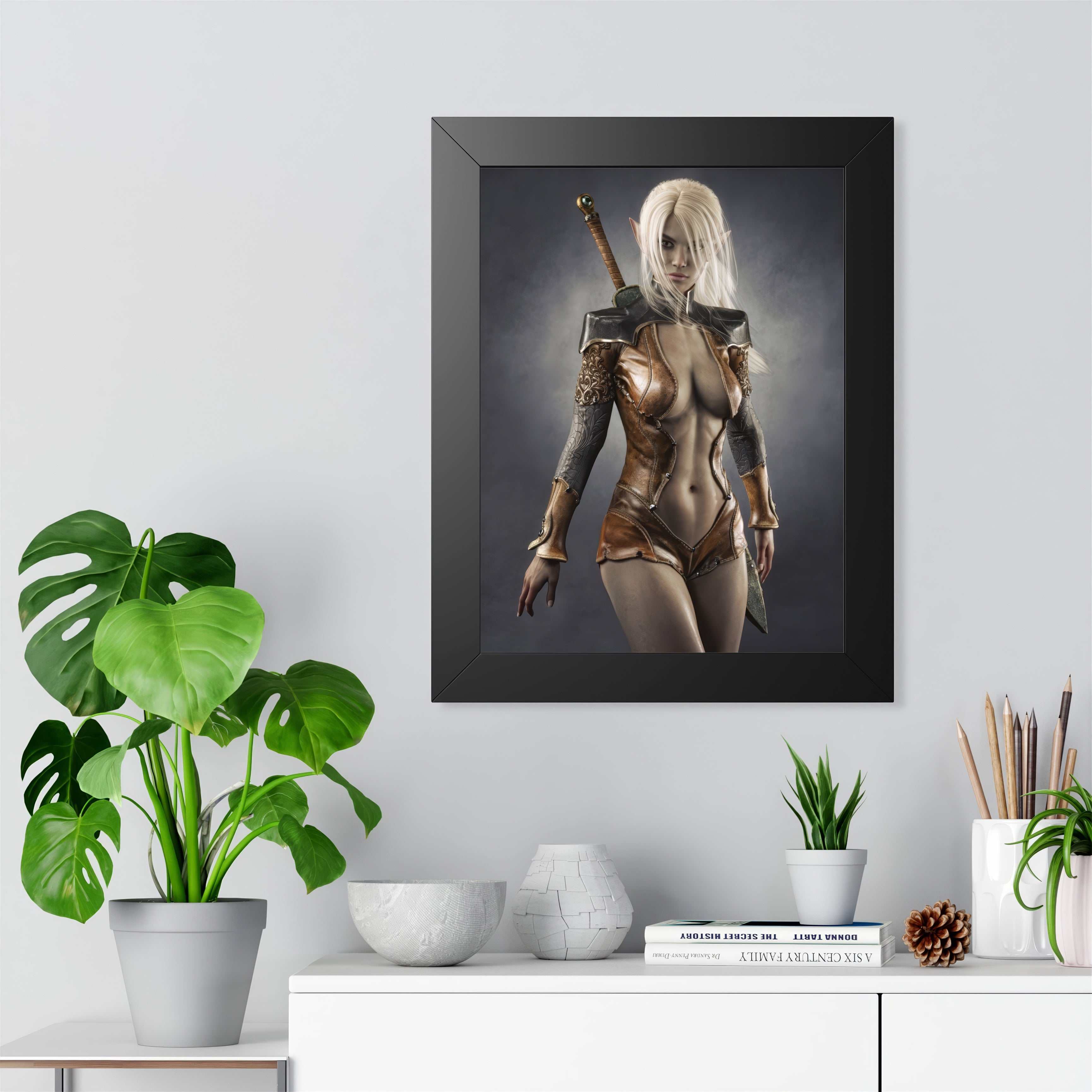Fantasy wall art featuring a fierce white-haired dark elf warrior in ornate leather armor, with a sword on her back and a striking fantasy portrait style.