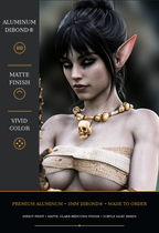 Close-up of a female dark elf necromancer highlighting vibrant color and crisp detail on an aluminum metal print.
