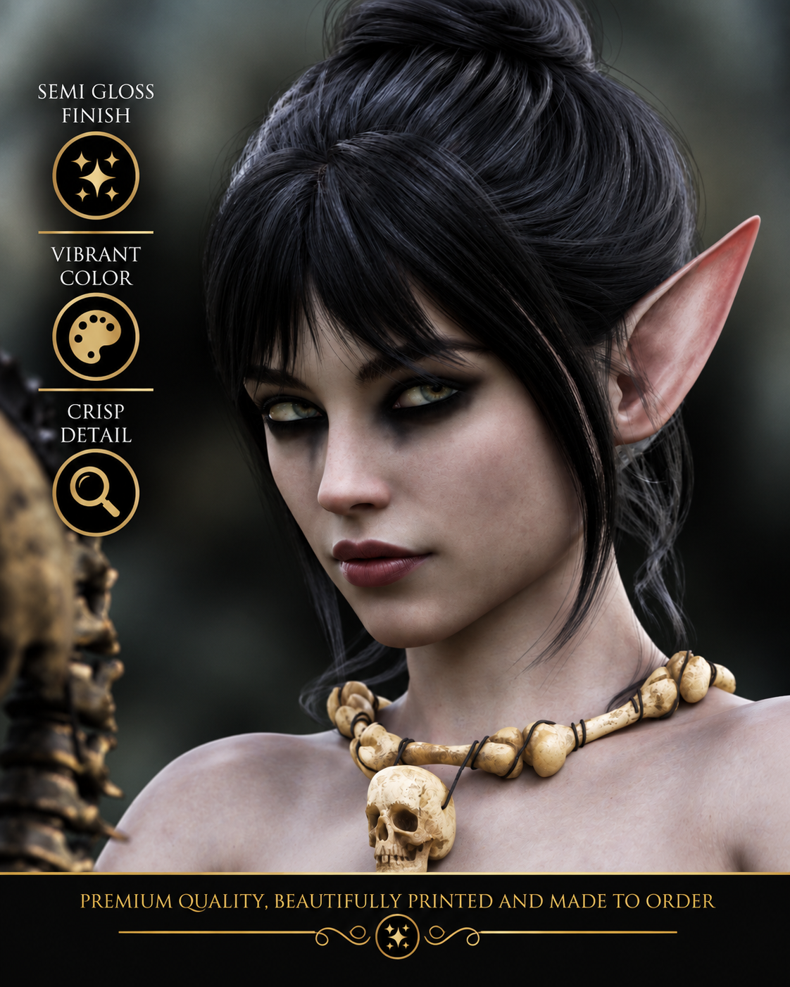 Close-up of dark elf necromancer fantasy artwork highlighting semi-gloss finish, vibrant color and crisp print detail with premium made-to-order printing.