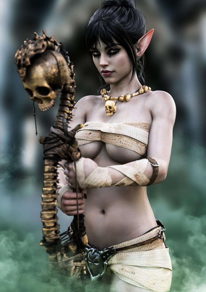 Dark elf necromancer wall art featuring a dark-haired female elf with a skull staff, bone necklace and ritual clothing surrounded by green fantasy mist.