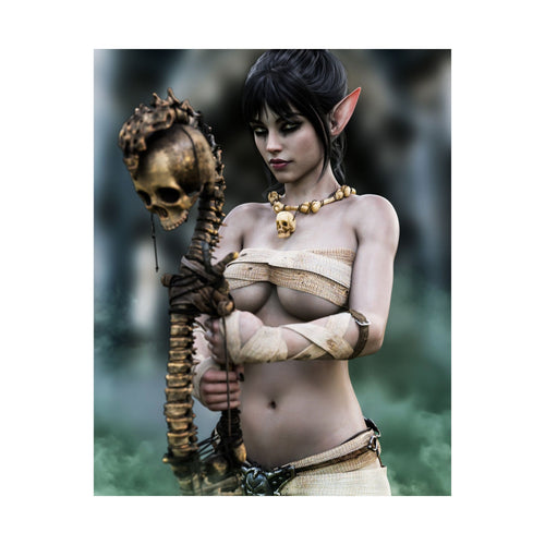 A dark elf necromancer stands in swirling green mist holding a skeletal staff topped with a weathered skull. Wearing ritual-inspired garments and a skull necklace, the elven sorceress has pale skin, pointed ears, and piercing eyes. Cinematic lighting, realistic textures, and a mysterious forest backdrop create an atmospheric gothic fantasy scene.