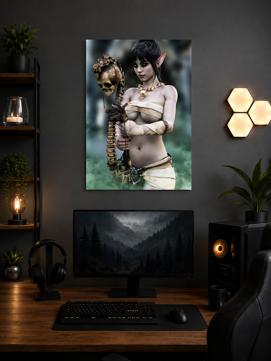 Handcrafted Dark Elf Necromancer wall art featuring a mystical female elven spellcaster holding an ancient skull staff amid glowing green mist. Fantasy artwork ideal for gaming rooms, RPG fans, and dark fantasy décor.