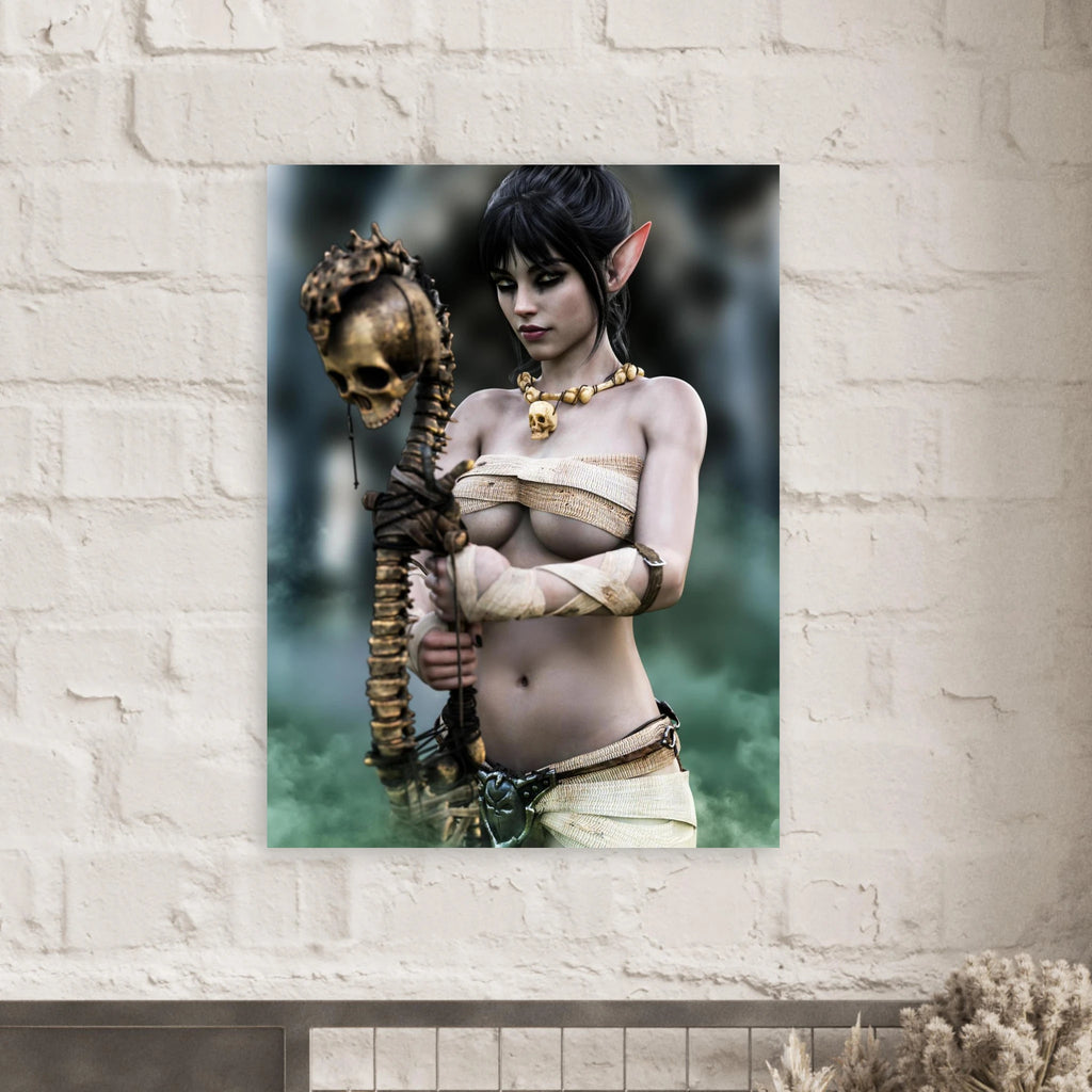 Handcrafted Dark Elf Necromancer wall art featuring a mystical female elven spellcaster holding an ancient skull staff amid glowing green mist. Fantasy artwork ideal for gaming rooms, RPG fans, and dark fantasy décor.