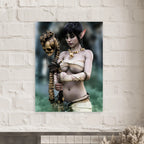 Handcrafted Dark Elf Necromancer wall art featuring a mystical female elven spellcaster holding an ancient skull staff amid glowing green mist. Fantasy artwork ideal for gaming rooms, RPG fans, and dark fantasy décor.