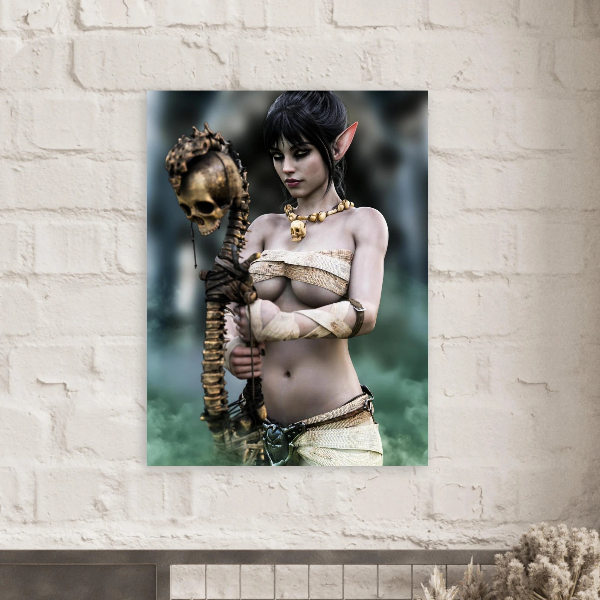 Handcrafted Dark Elf Necromancer wall art featuring a mystical female elven spellcaster holding an ancient skull staff amid glowing green mist. Fantasy artwork ideal for gaming rooms, RPG fans, and dark fantasy décor.