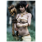 Handcrafted Dark Elf Necromancer wall art featuring a mystical female elven spellcaster holding an ancient skull staff amid glowing green mist. Fantasy artwork ideal for gaming rooms, RPG fans, and dark fantasy décor.
