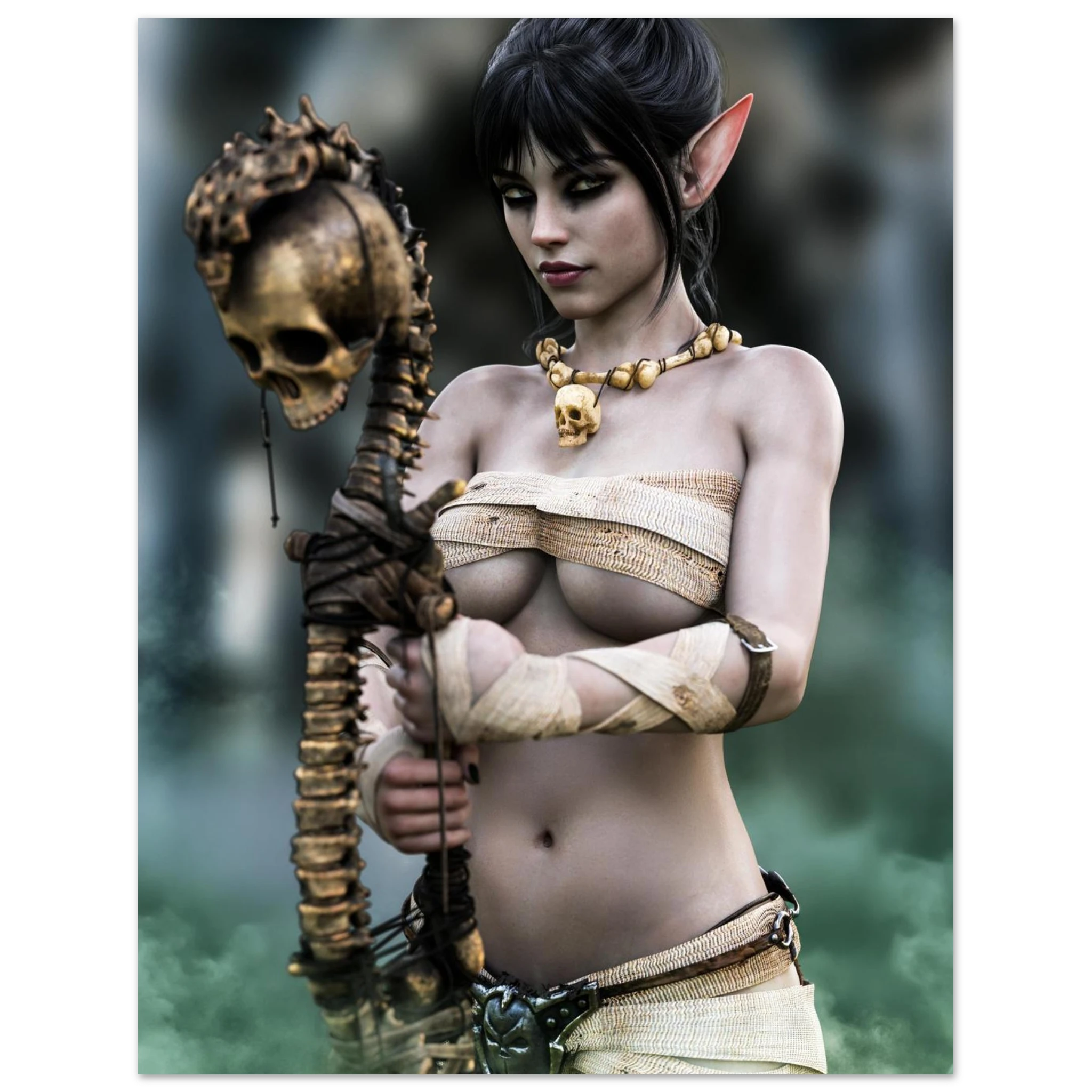 Handcrafted Dark Elf Necromancer wall art featuring a mystical female elven spellcaster holding an ancient skull staff amid glowing green mist. Fantasy artwork ideal for gaming rooms, RPG fans, and dark fantasy décor.
