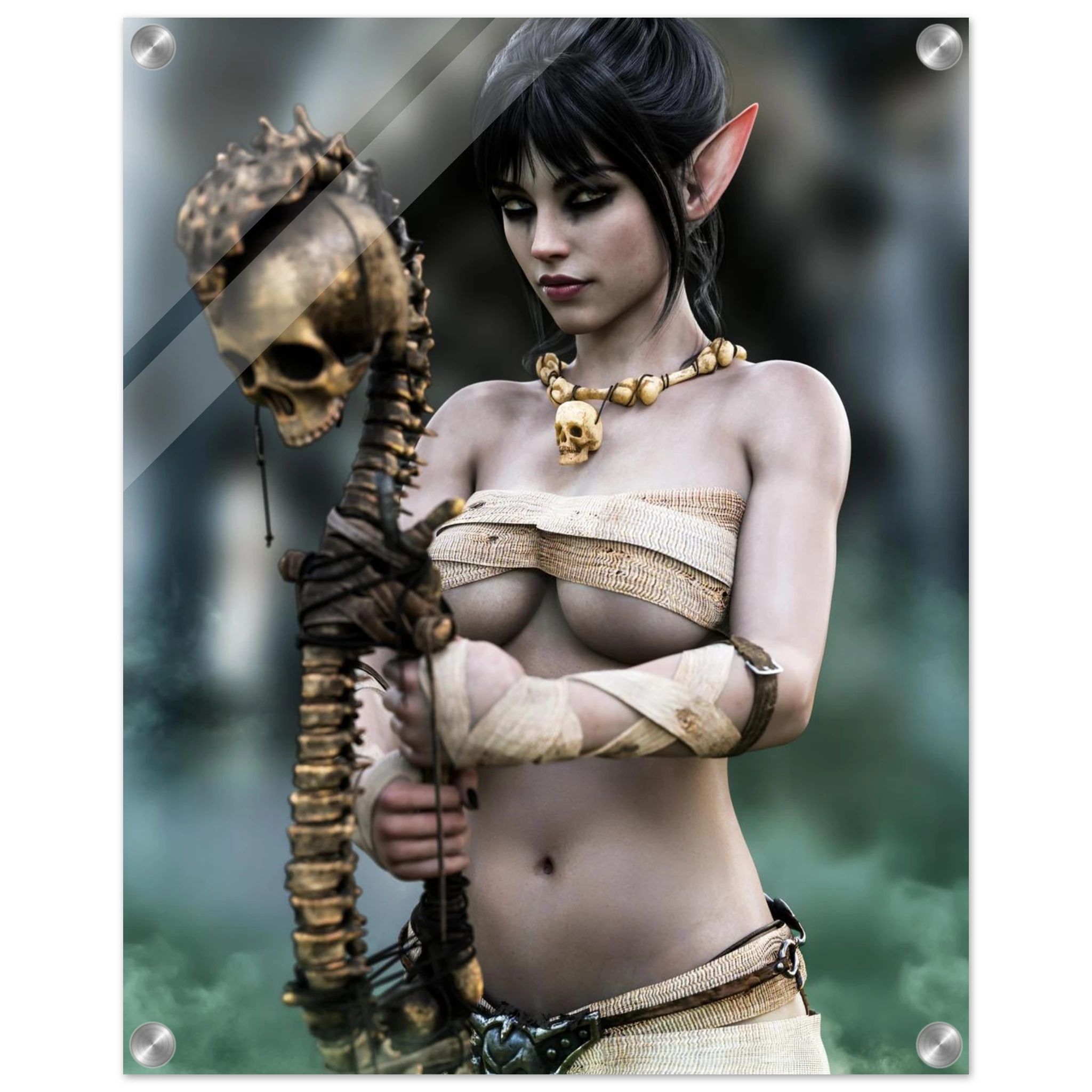 Handcrafted Dark Elf Necromancer wall art featuring a mystical female elven spellcaster holding an ancient skull staff amid glowing green mist. Fantasy artwork ideal for gaming rooms, RPG fans, and dark fantasy décor.