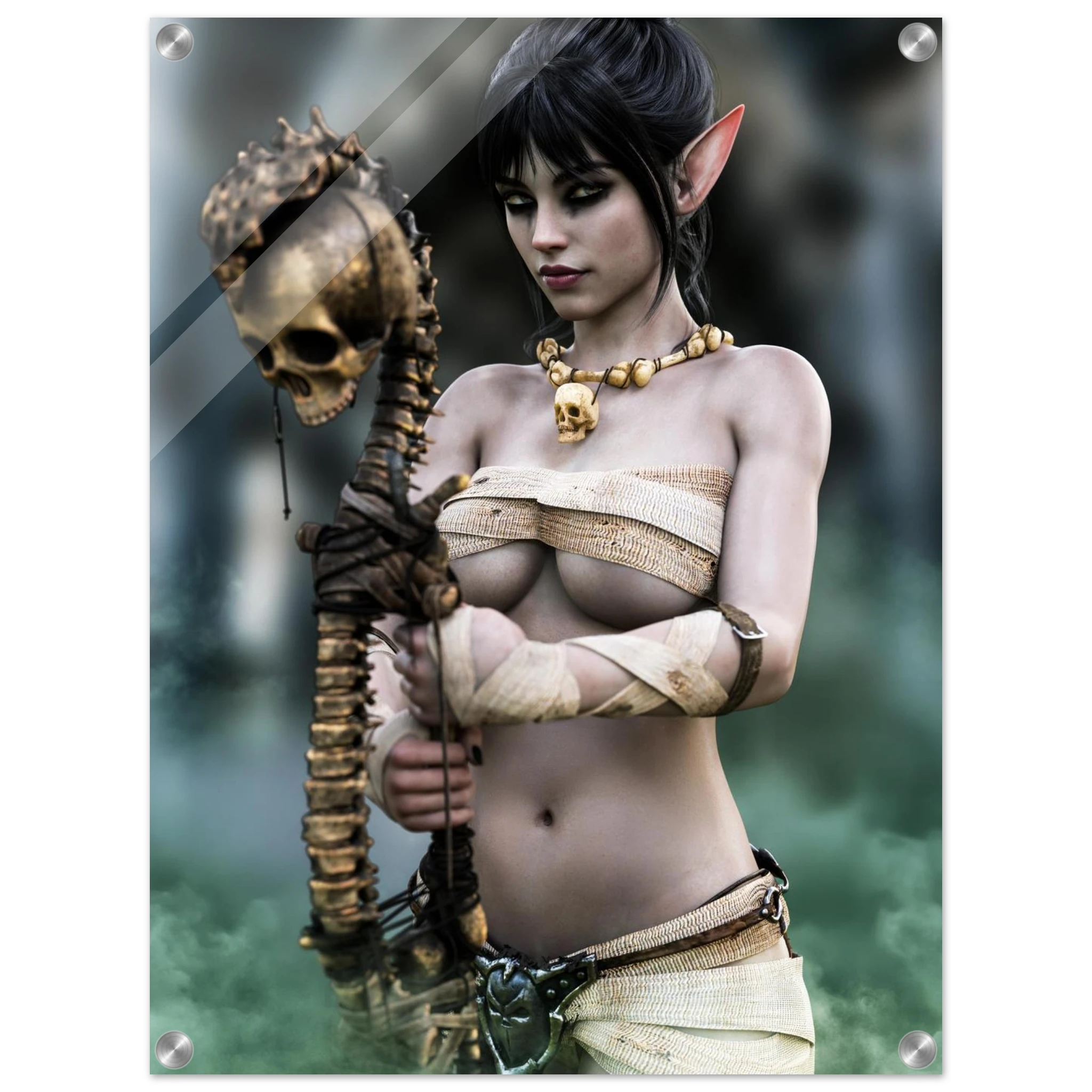 Handcrafted Dark Elf Necromancer wall art featuring a mystical female elven spellcaster holding an ancient skull staff amid glowing green mist. Fantasy artwork ideal for gaming rooms, RPG fans, and dark fantasy décor.