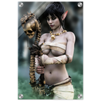 Handcrafted Dark Elf Necromancer wall art featuring a mystical female elven spellcaster holding an ancient skull staff amid glowing green mist. Fantasy artwork ideal for gaming rooms, RPG fans, and dark fantasy décor.