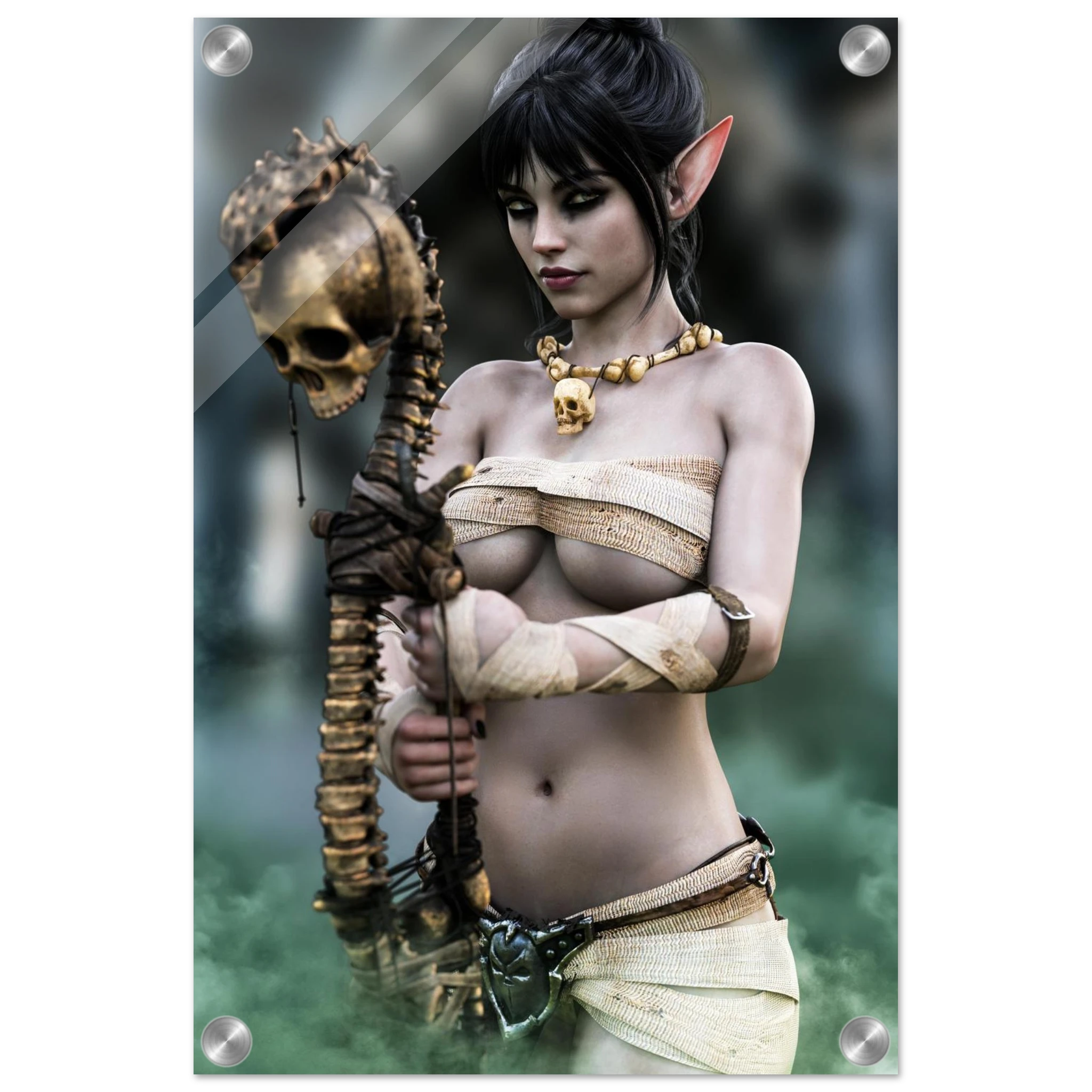 Handcrafted Dark Elf Necromancer wall art featuring a mystical female elven spellcaster holding an ancient skull staff amid glowing green mist. Fantasy artwork ideal for gaming rooms, RPG fans, and dark fantasy décor.