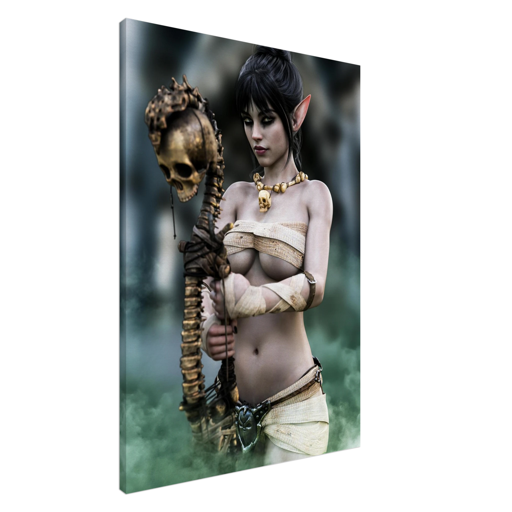Handcrafted Dark Elf Necromancer wall art featuring a mystical female elven spellcaster holding an ancient skull staff amid glowing green mist. Fantasy artwork ideal for gaming rooms, RPG fans, and dark fantasy décor.