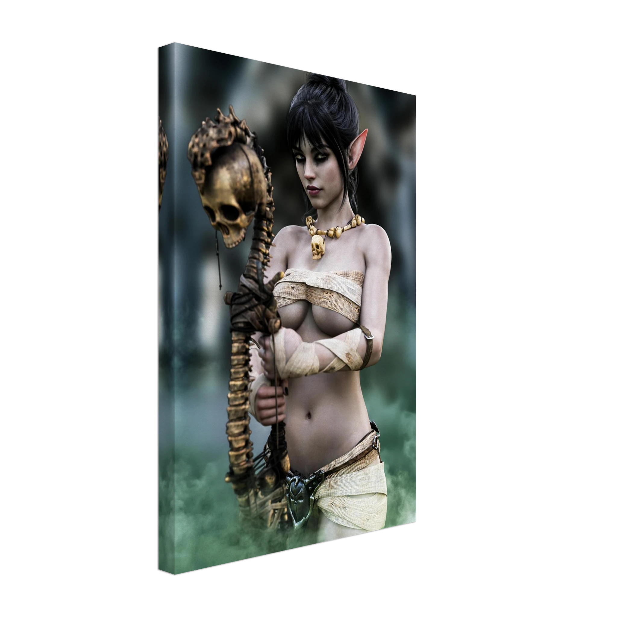 Handcrafted Dark Elf Necromancer wall art featuring a mystical female elven spellcaster holding an ancient skull staff amid glowing green mist. Fantasy artwork ideal for gaming rooms, RPG fans, and dark fantasy décor.