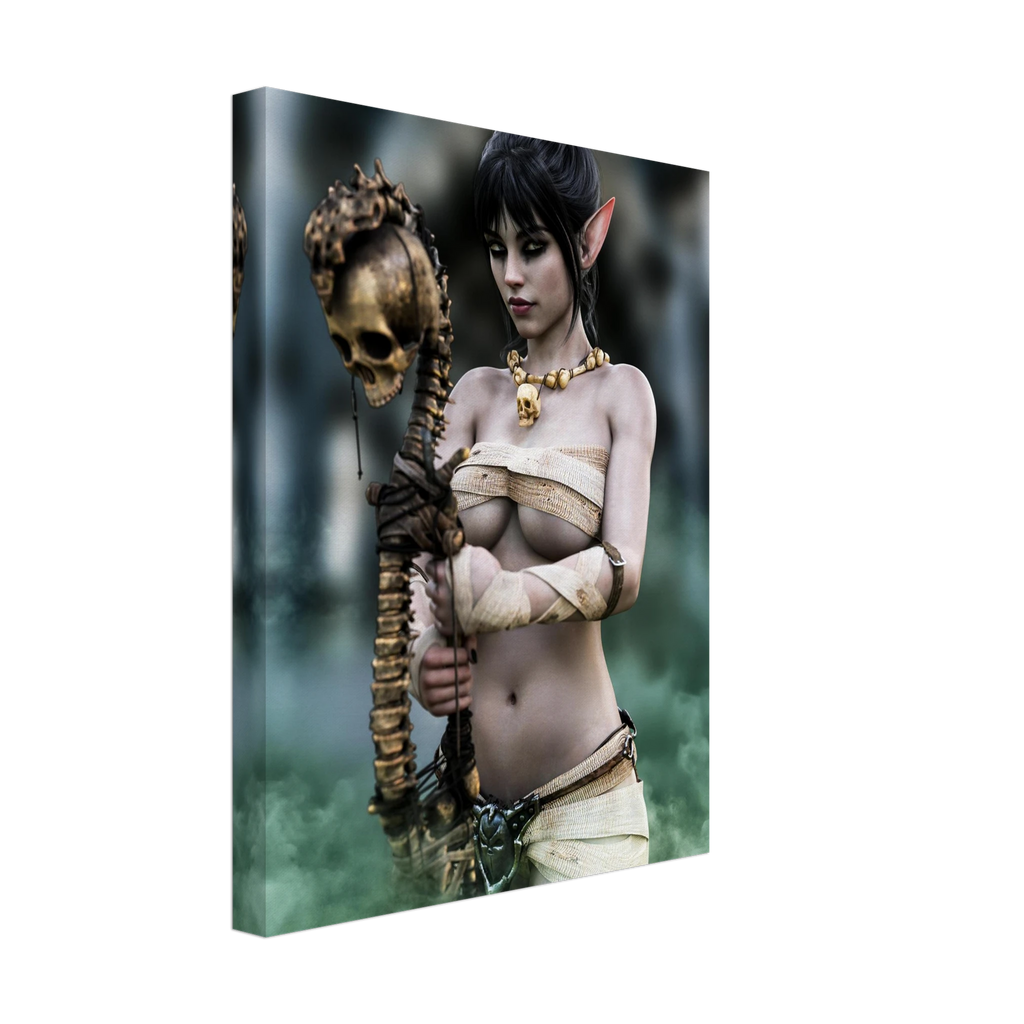 Handcrafted Dark Elf Necromancer wall art featuring a mystical female elven spellcaster holding an ancient skull staff amid glowing green mist. Fantasy artwork ideal for gaming rooms, RPG fans, and dark fantasy décor.
