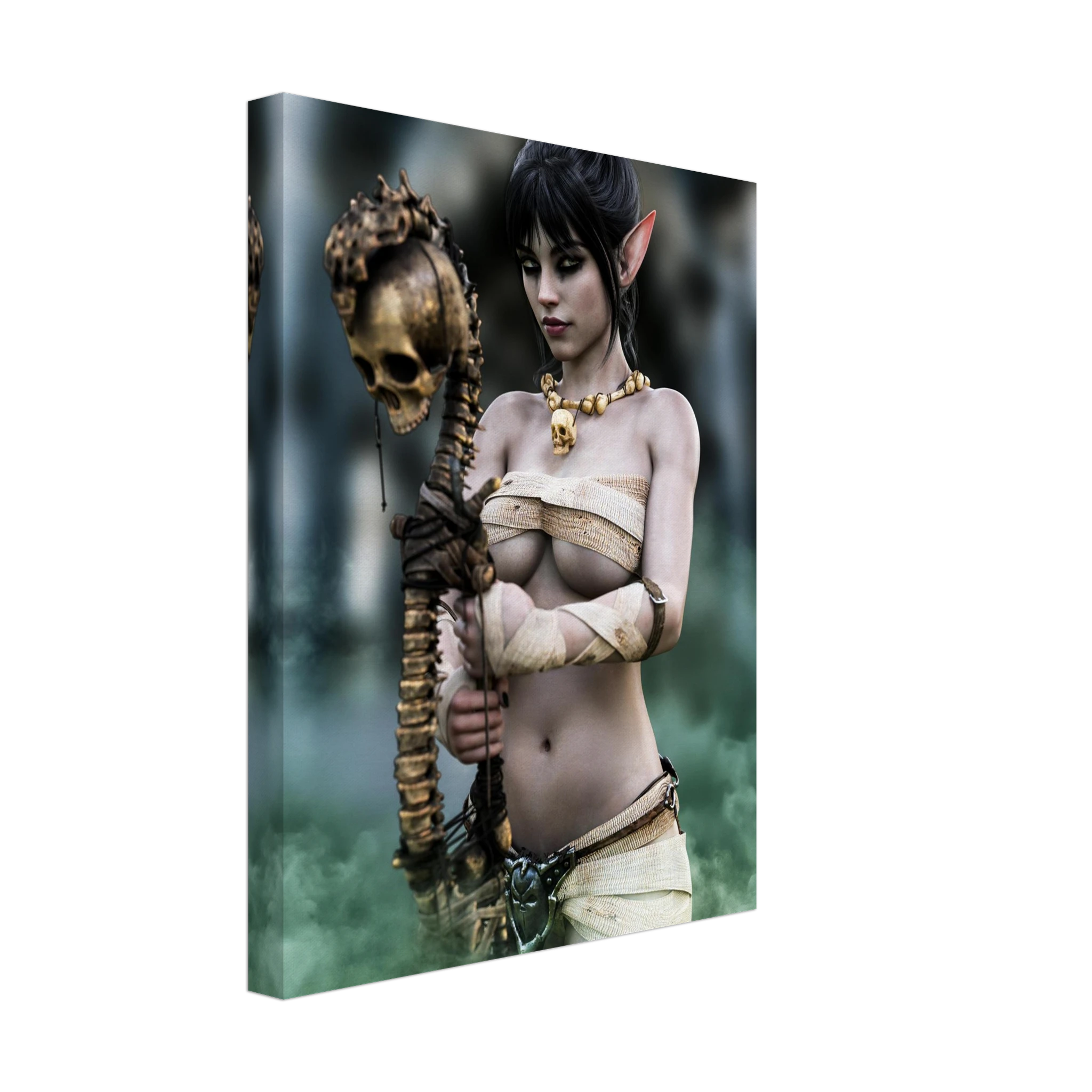 Handcrafted Dark Elf Necromancer wall art featuring a mystical female elven spellcaster holding an ancient skull staff amid glowing green mist. Fantasy artwork ideal for gaming rooms, RPG fans, and dark fantasy décor.