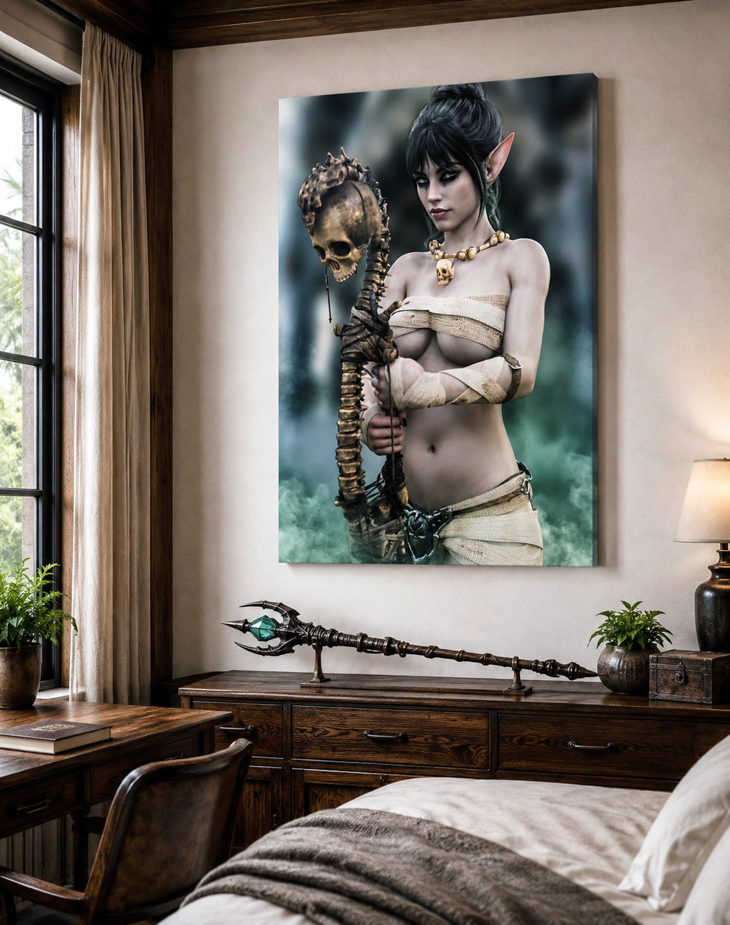Handcrafted Dark Elf Necromancer wall art featuring a mystical female elven spellcaster holding an ancient skull staff amid glowing green mist. Fantasy artwork ideal for gaming rooms, RPG fans, and dark fantasy décor.