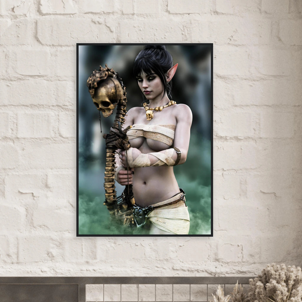 Handcrafted Dark Elf Necromancer wall art featuring a mystical female elven spellcaster holding an ancient skull staff amid glowing green mist. Fantasy artwork ideal for gaming rooms, RPG fans, and dark fantasy décor.
