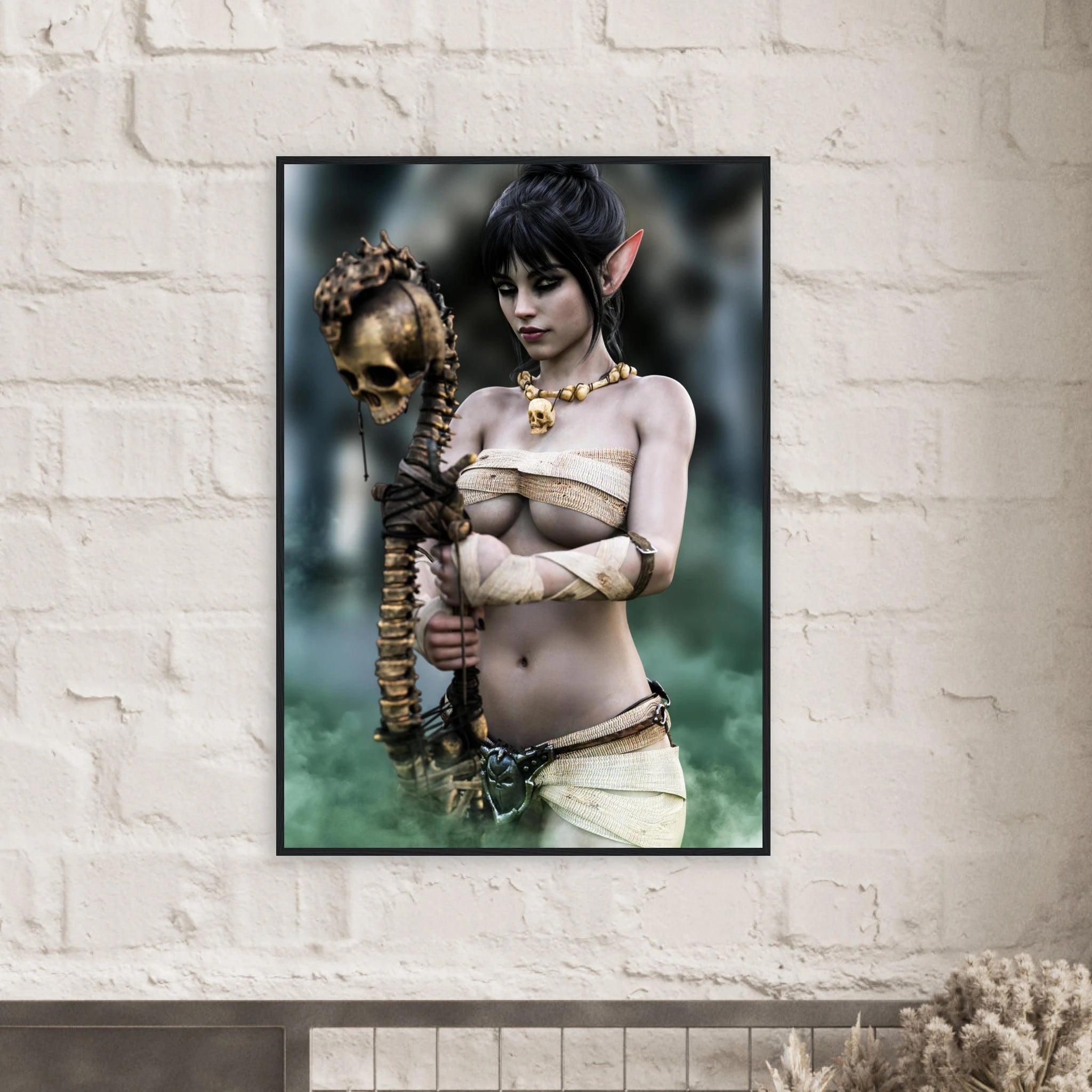 Handcrafted Dark Elf Necromancer wall art featuring a mystical female elven spellcaster holding an ancient skull staff amid glowing green mist. Fantasy artwork ideal for gaming rooms, RPG fans, and dark fantasy décor.
