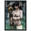 A framed fantasy art print featuring a woman with pointed ears, pale skin, and dark hair, wrapped in beige cloth and holding a skeletal staff topped with a skull. The print is enclosed in a black frame and shown against a light gray background.