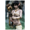 Handcrafted Dark Elf Necromancer wall art featuring a mystical female elven spellcaster holding an ancient skull staff amid glowing green mist. Fantasy artwork ideal for gaming rooms, RPG fans, and dark fantasy décor.
