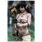 Handcrafted Dark Elf Necromancer wall art featuring a mystical female elven spellcaster holding an ancient skull staff amid glowing green mist. Fantasy artwork ideal for gaming rooms, RPG fans, and dark fantasy décor.