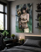 Handcrafted Dark Elf Necromancer wall art featuring a mystical female elven spellcaster holding an ancient skull staff amid glowing green mist. Fantasy artwork ideal for gaming rooms, RPG fans, and dark fantasy décor.