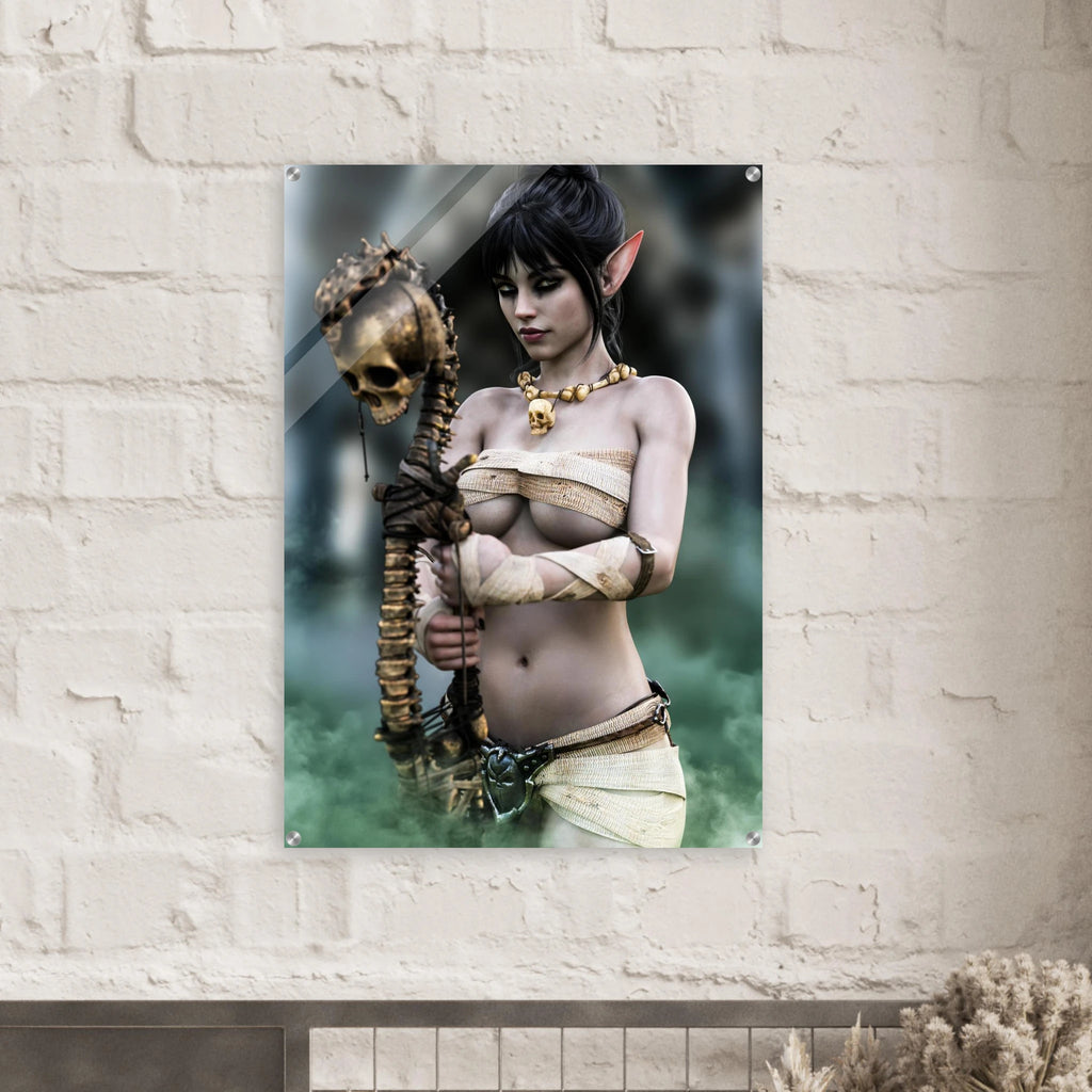 Handcrafted Dark Elf Necromancer wall art featuring a mystical female elven spellcaster holding an ancient skull staff amid glowing green mist. Fantasy artwork ideal for gaming rooms, RPG fans, and dark fantasy décor.