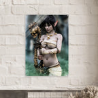 Handcrafted Dark Elf Necromancer wall art featuring a mystical female elven spellcaster holding an ancient skull staff amid glowing green mist. Fantasy artwork ideal for gaming rooms, RPG fans, and dark fantasy décor.