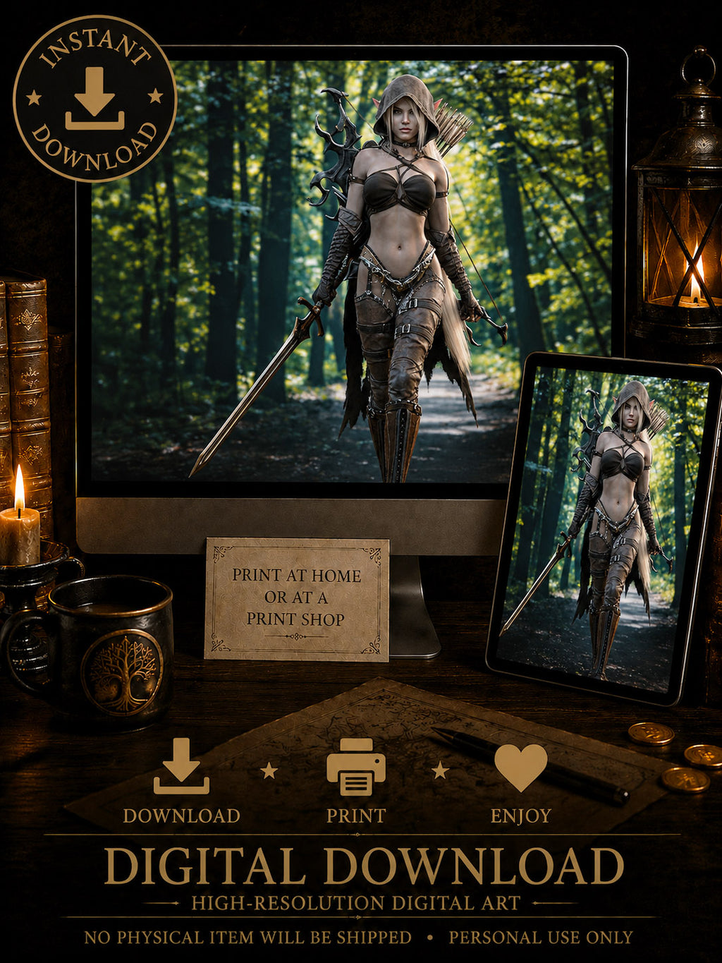 Dark elf ranger digital art featuring a hooded female elf archer with bow, arrows and sword walking through an enchanted forest.