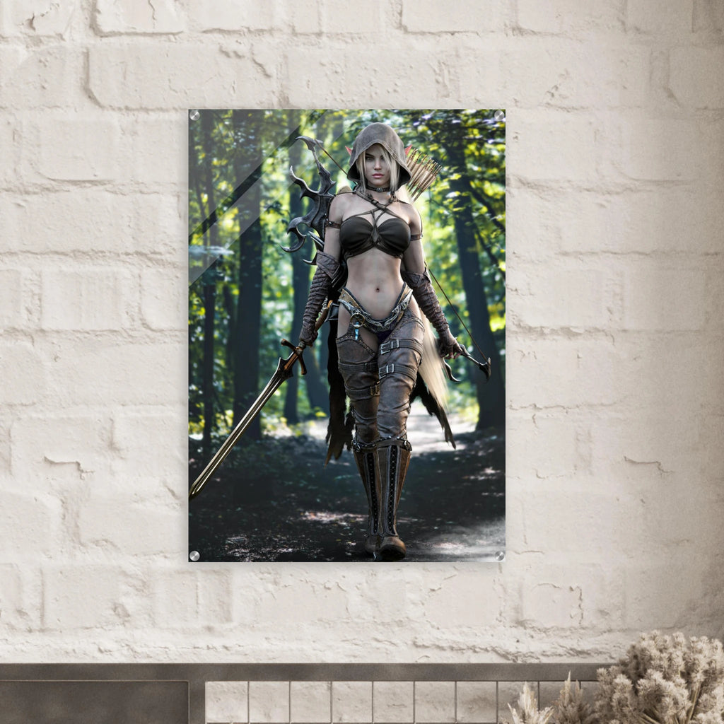 Handcrafted Dark Elf Ranger wall art featuring a hooded female elven ranger carrying a longsword, ornate bow, and quiver of arrows while walking through an enchanted forest. Fantasy artwork perfect for gaming rooms, RPG fans, and medieval fantasy décor.