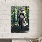 Handcrafted Dark Elf Ranger wall art featuring a hooded female elven ranger carrying a longsword, ornate bow, and quiver of arrows while walking through an enchanted forest. Fantasy artwork perfect for gaming rooms, RPG fans, and medieval fantasy décor.