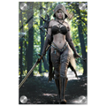 Handcrafted Dark Elf Ranger wall art featuring a hooded female elven ranger carrying a longsword, ornate bow, and quiver of arrows while walking through an enchanted forest. Fantasy artwork perfect for gaming rooms, RPG fans, and medieval fantasy décor.