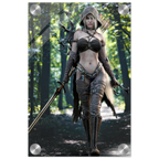Handcrafted Dark Elf Ranger wall art featuring a hooded female elven ranger carrying a longsword, ornate bow, and quiver of arrows while walking through an enchanted forest. Fantasy artwork perfect for gaming rooms, RPG fans, and medieval fantasy décor.
