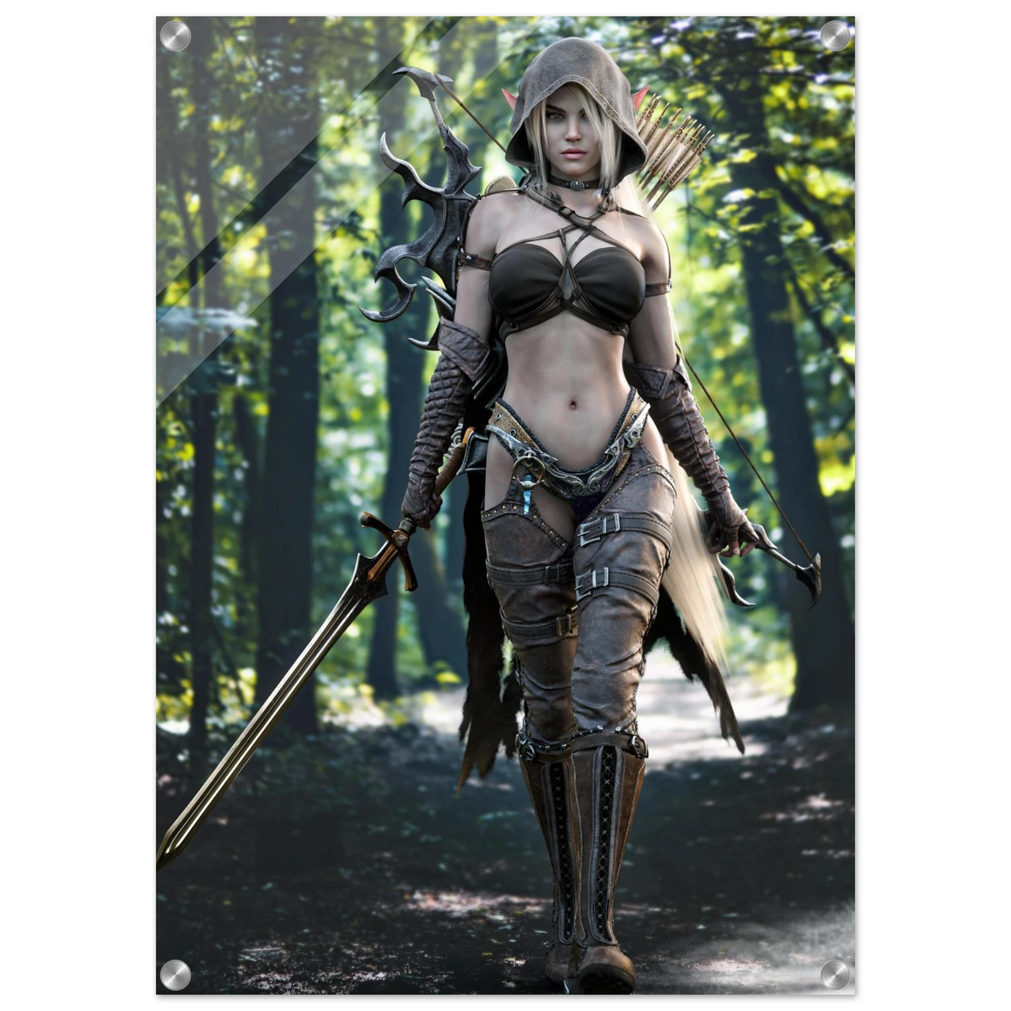 Handcrafted Dark Elf Ranger wall art featuring a hooded female elven ranger carrying a longsword, ornate bow, and quiver of arrows while walking through an enchanted forest. Fantasy artwork perfect for gaming rooms, RPG fans, and medieval fantasy décor.
