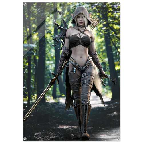 Handcrafted Dark Elf Ranger wall art featuring a hooded female elven ranger carrying a longsword, ornate bow, and quiver of arrows while walking through an enchanted forest. Fantasy artwork perfect for gaming rooms, RPG fans, and medieval fantasy décor.