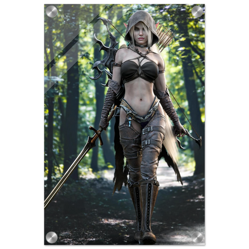 Handcrafted Dark Elf Ranger wall art featuring a hooded female elven ranger carrying a longsword, ornate bow, and quiver of arrows while walking through an enchanted forest. Fantasy artwork perfect for gaming rooms, RPG fans, and medieval fantasy décor.
