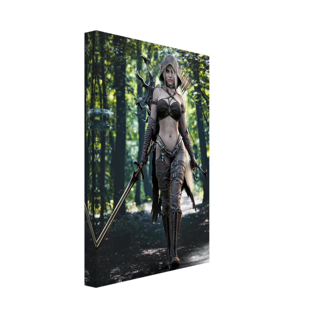 Handcrafted Dark Elf Ranger wall art featuring a hooded female elven ranger carrying a longsword, ornate bow, and quiver of arrows while walking through an enchanted forest. Fantasy artwork perfect for gaming rooms, RPG fans, and medieval fantasy décor.