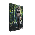 Handcrafted Dark Elf Ranger wall art featuring a hooded female elven ranger carrying a longsword, ornate bow, and quiver of arrows while walking through an enchanted forest. Fantasy artwork perfect for gaming rooms, RPG fans, and medieval fantasy décor.